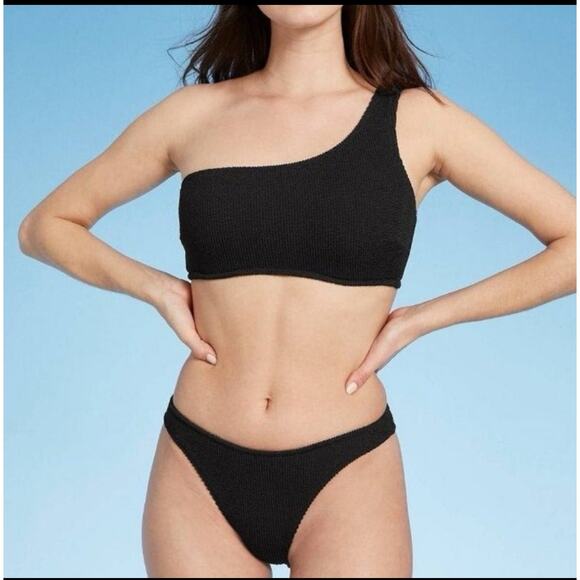 Shade & Shore One Shoulder Textured Bikini Top Black Women’s 32A New - Picture 1 of 6